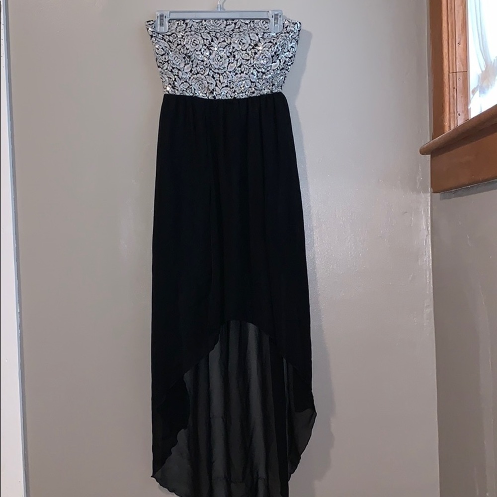 Strapless high low dress, gold sequin flowers